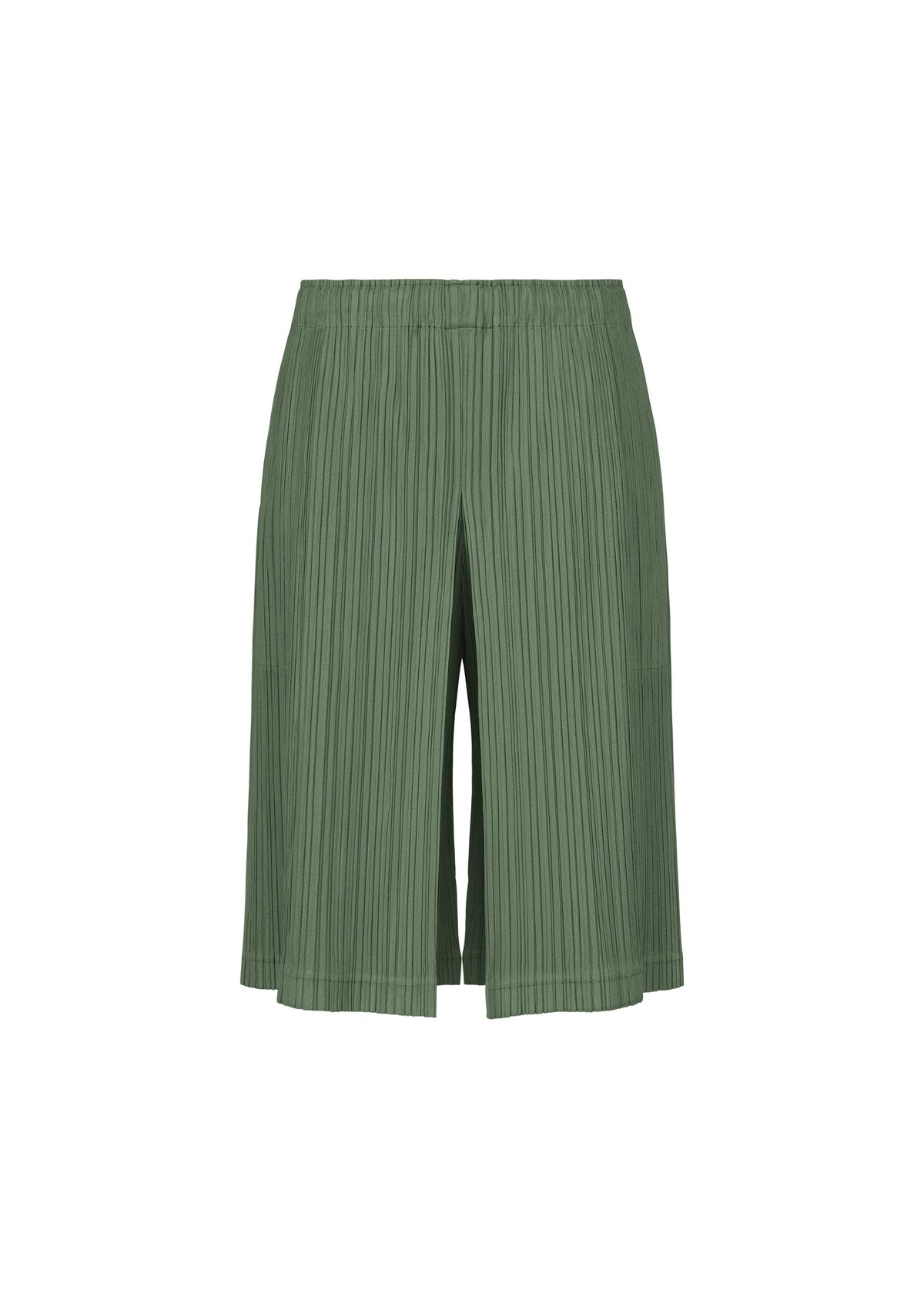 THICKER BOTTOMS 2 by PLEATS PLEASE ISSEY MIYAKE are green pleated knee-length short tuck pants featuring an elastic waistband and convenient side pockets, displayed on a plain white background. The lightweight fabric appears comfortable, making them ideal for casual wear. view 4 of 8