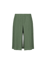 THICKER BOTTOMS 2 by PLEATS PLEASE ISSEY MIYAKE are green pleated knee-length short tuck pants featuring an elastic waistband and convenient side pockets, displayed on a plain white background. The lightweight fabric appears comfortable, making them ideal for casual wear. - MOSS GREEN （no.68）