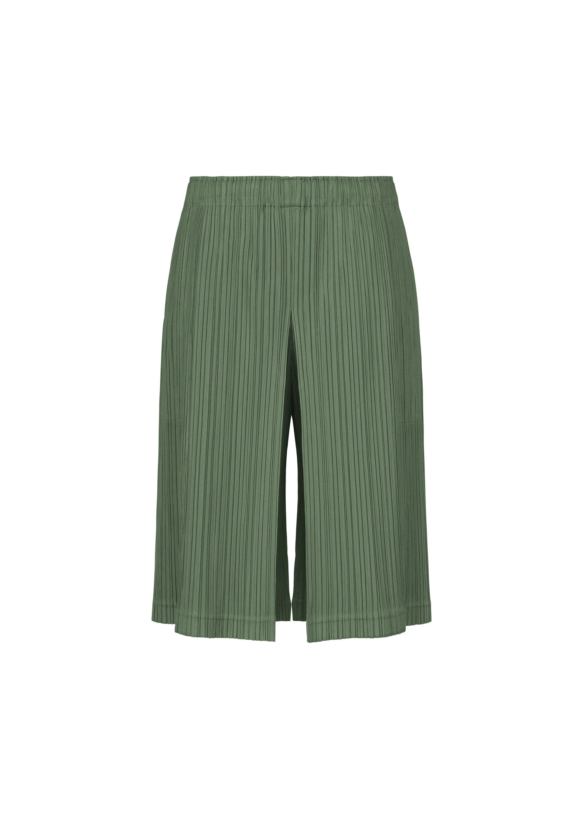 Zoomed view THICKER BOTTOMS 2 by PLEATS PLEASE ISSEY MIYAKE are green pleated knee-length short tuck pants featuring an elastic waistband and convenient side pockets, displayed on a plain white background. The lightweight fabric appears comfortable, making them ideal for casual wear. - MOSS GREEN （no.68）