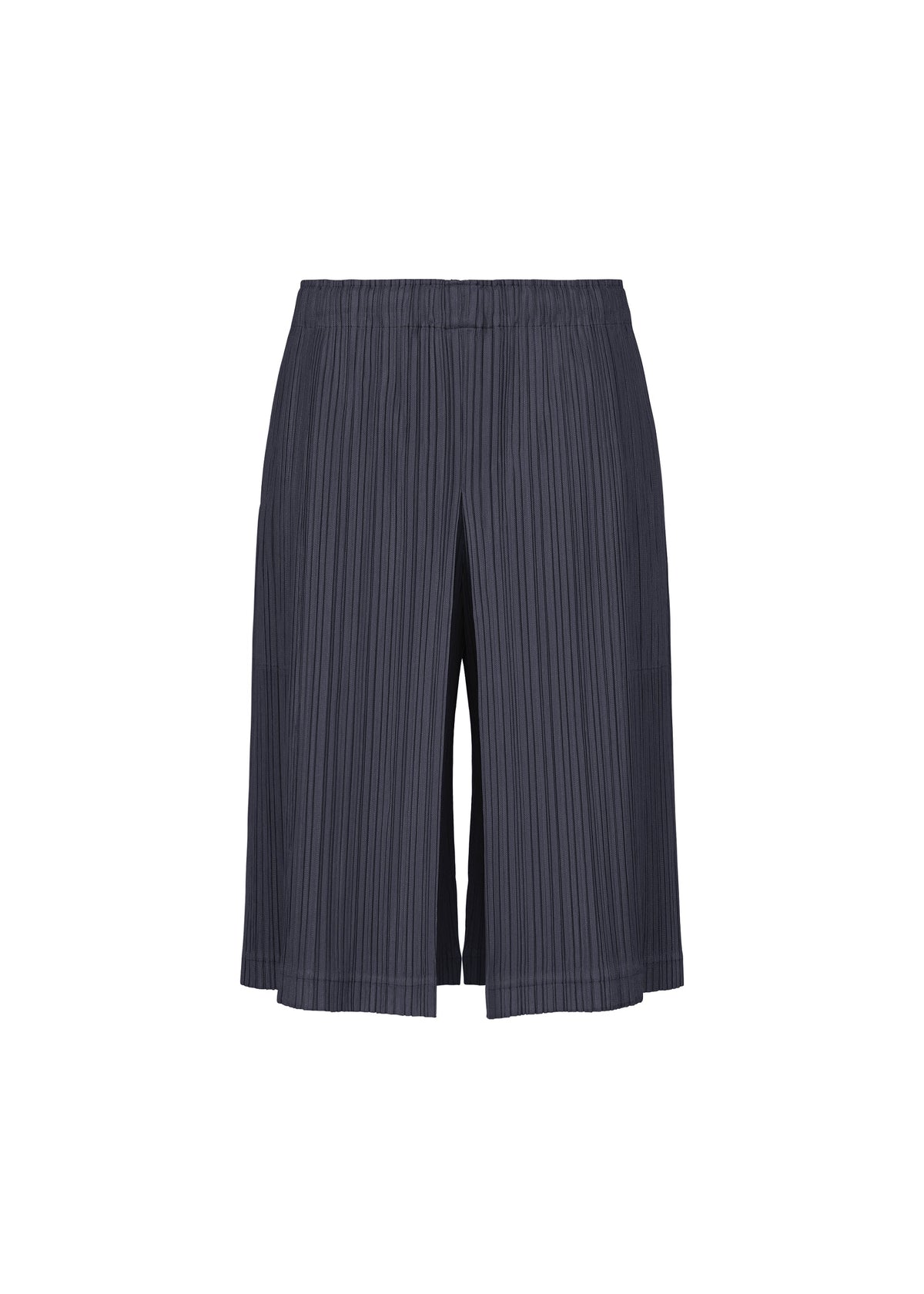 The PLEATS PLEASE ISSEY MIYAKE THICKER BOTTOMS 2 are navy blue pleated knee-length tuck pants, showcased against a plain white background, featuring an elastic waistband, flowy thick fabric, and practical side pockets. view 2 of 8