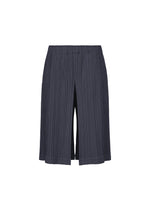 The PLEATS PLEASE ISSEY MIYAKE THICKER BOTTOMS 2 are navy blue pleated knee-length tuck pants, showcased against a plain white background, featuring an elastic waistband, flowy thick fabric, and practical side pockets. - NAVY （no.75）