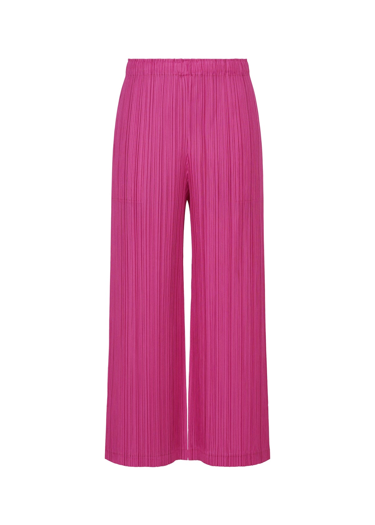 Displaying the THICKER BOTTOMS 2 by PLEATS PLEASE ISSEY MIYAKE, these vibrant pink wide-leg pleated pants feature an elastic waistband and practical pockets, made from thick fabric and shown against a plain white background. view 2 of 8