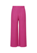 Displaying the THICKER BOTTOMS 2 by PLEATS PLEASE ISSEY MIYAKE, these vibrant pink wide-leg pleated pants feature an elastic waistband and practical pockets, made from thick fabric and shown against a plain white background. - MAGENTA （no.29）
