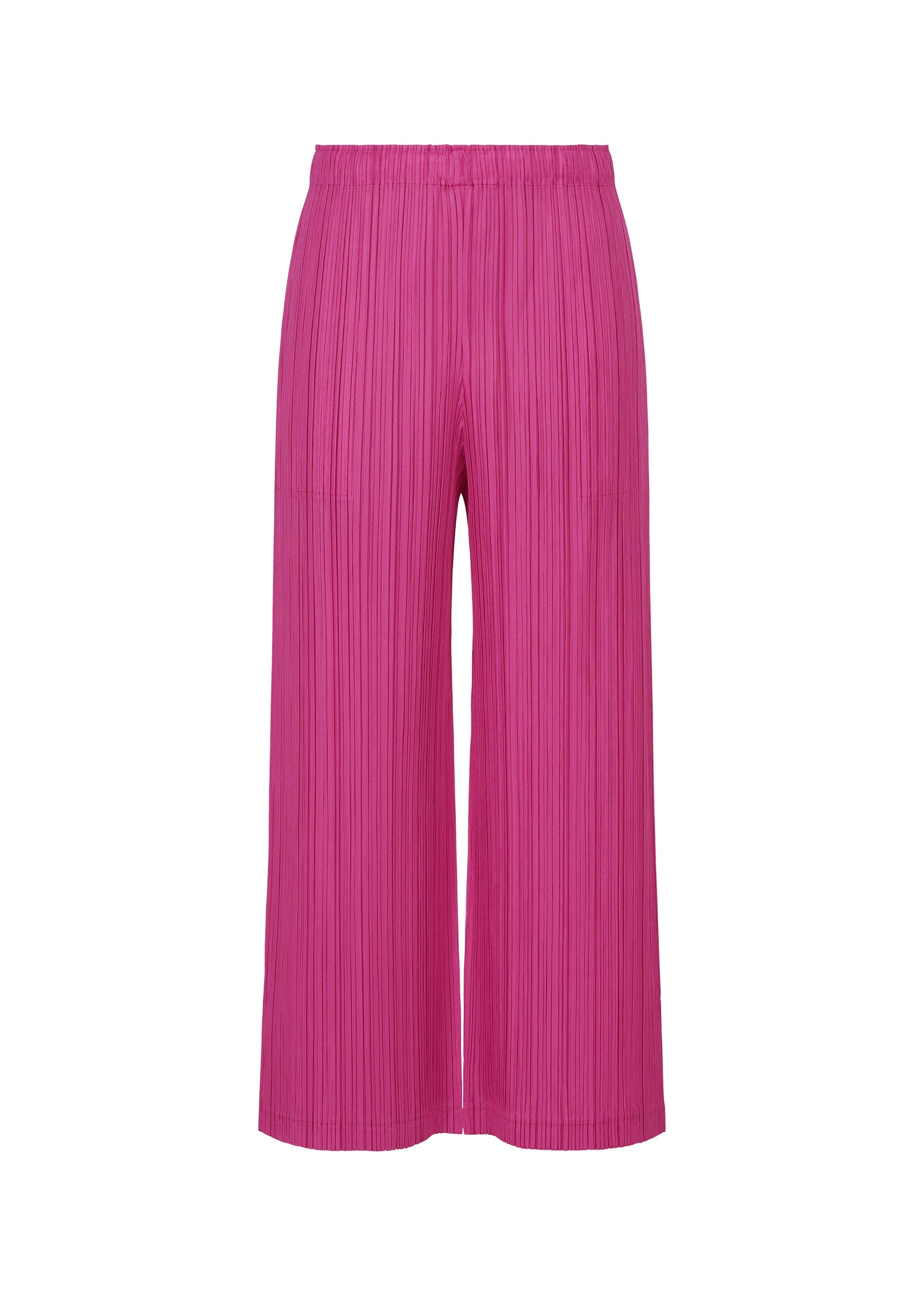 Zoomed view Displaying the THICKER BOTTOMS 2 by PLEATS PLEASE ISSEY MIYAKE, these vibrant pink wide-leg pleated pants feature an elastic waistband and practical pockets, made from thick fabric and shown against a plain white background. - MAGENTA （no.29）