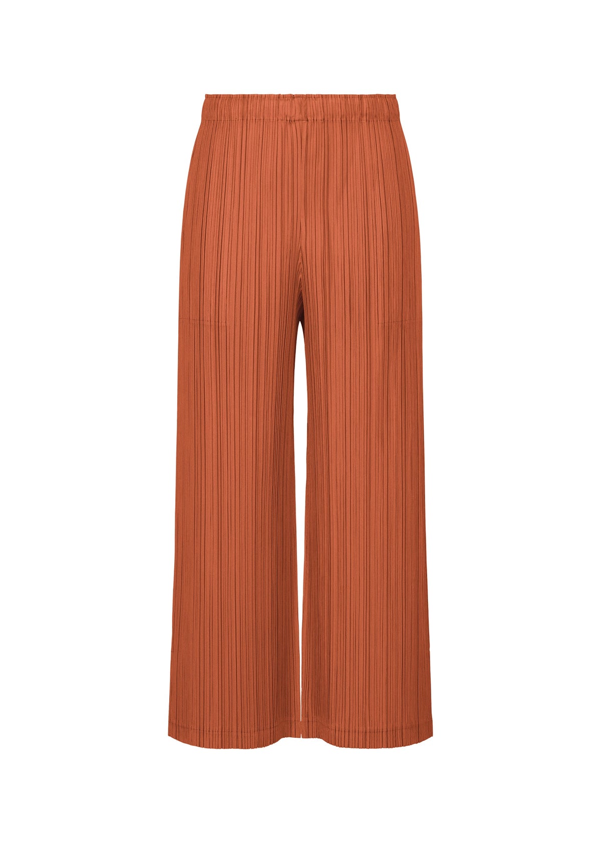 THICKER BOTTOMS 2 by PLEATS PLEASE ISSEY MIYAKE are wide-leg, high-waisted pleated pants in rust-orange, featuring an elastic waistband and convenient pockets. Crafted from lightweight fabric, they are displayed against a white background. view 3 of 8
