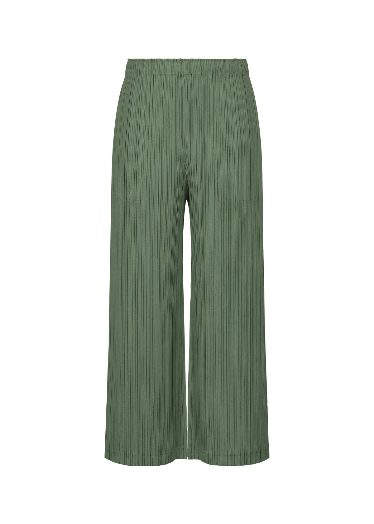 THICKER BOTTOMS 2 by PLEATS PLEASE ISSEY MIYAKE are green pleated wide-leg pants with an elastic waistband and practical pockets, shown against a white background. Made from thick fabric, these ankle-length pants offer a relaxed fit. view 4 of 8