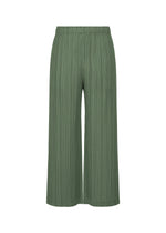 THICKER BOTTOMS 2 by PLEATS PLEASE ISSEY MIYAKE are green pleated wide-leg pants with an elastic waistband and practical pockets, shown against a white background. Made from thick fabric, these ankle-length pants offer a relaxed fit. - MOSS GREEN （no.68）