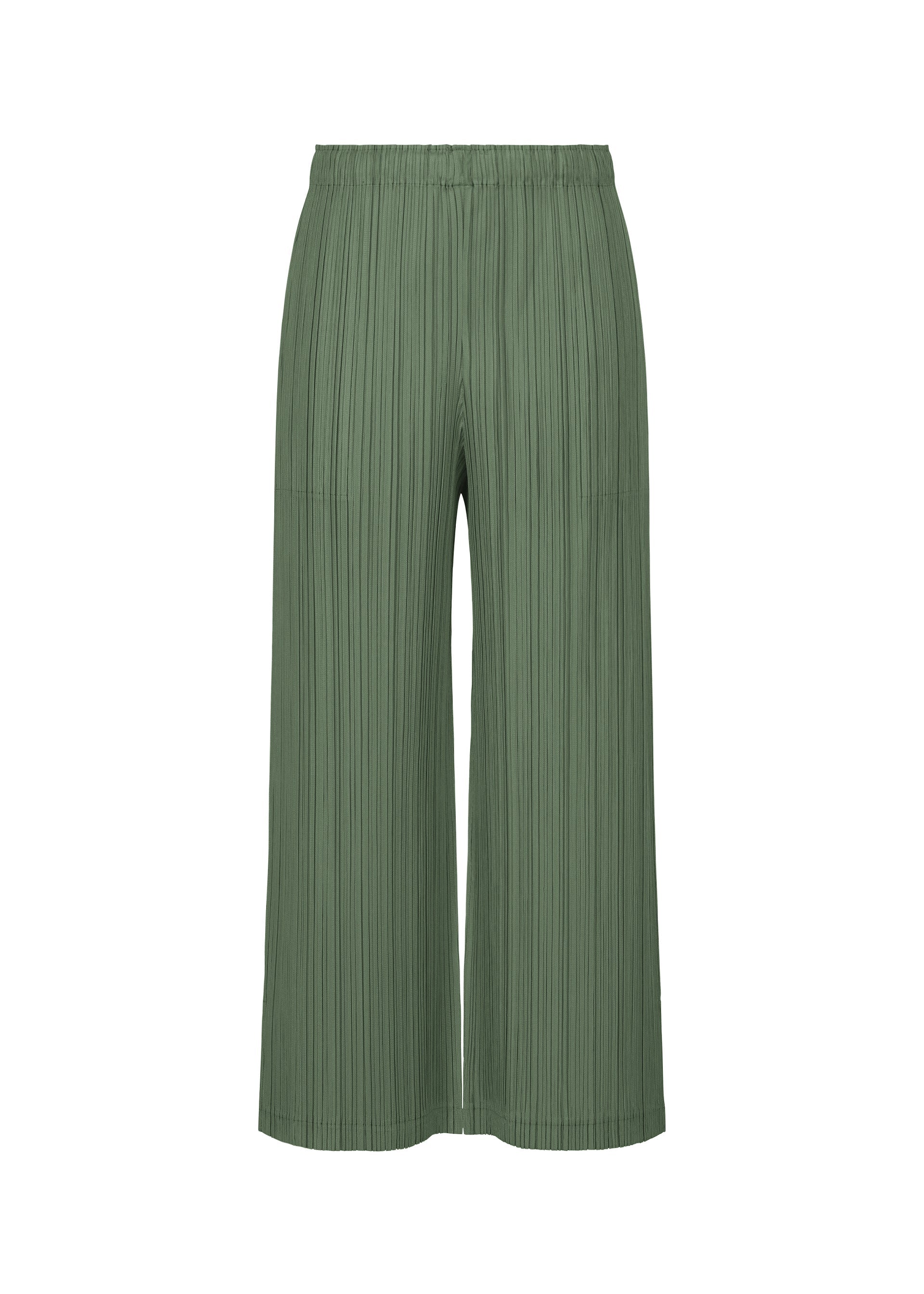 Zoomed view THICKER BOTTOMS 2 by PLEATS PLEASE ISSEY MIYAKE are green pleated wide-leg pants with an elastic waistband and practical pockets, shown against a white background. Made from thick fabric, these ankle-length pants offer a relaxed fit. - MOSS GREEN （no.68）