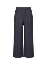 The THICKER BOTTOMS 2 by PLEATS PLEASE ISSEY MIYAKE are navy blue wide-leg pleated pants, featuring an elastic waistband and practical pockets, crafted from thick fabric and shown against a white background. - NAVY （no.75）