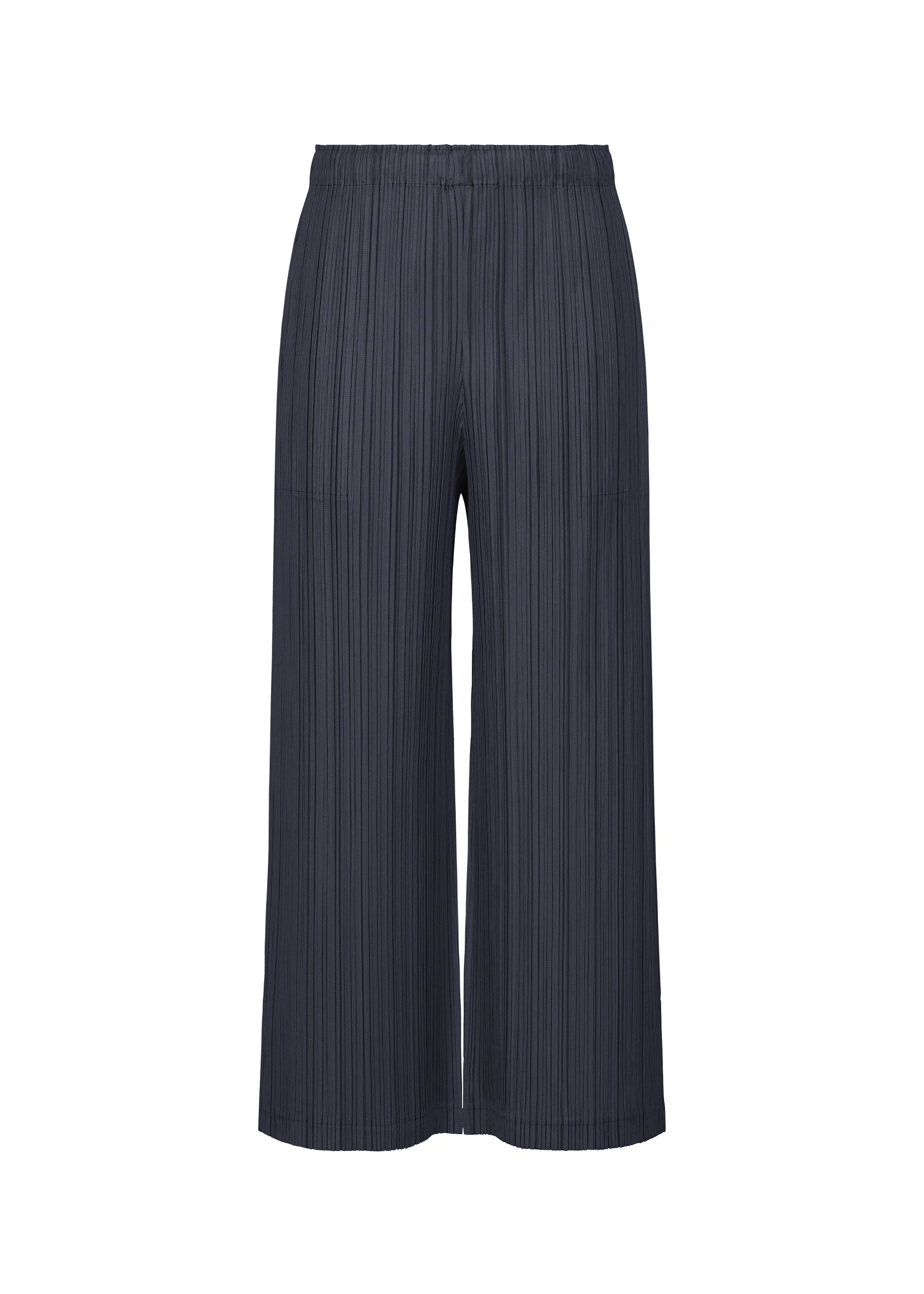 Zoomed view The THICKER BOTTOMS 2 by PLEATS PLEASE ISSEY MIYAKE are navy blue wide-leg pleated pants, featuring an elastic waistband and practical pockets, crafted from thick fabric and shown against a white background. - NAVY （no.75）