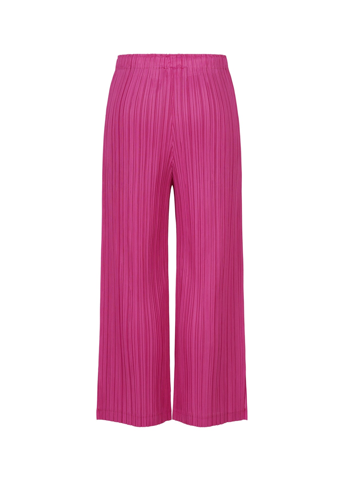 THICKER BOTTOMS 2 by PLEATS PLEASE ISSEY MIYAKE are bright pink, wide-leg pleated pants featuring an elastic waistband and convenient pockets. Crafted from thick fabric, they are showcased against a white background. view 5 of 8