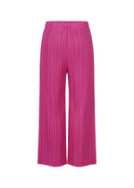 THICKER BOTTOMS 2 by PLEATS PLEASE ISSEY MIYAKE are bright pink, wide-leg pleated pants featuring an elastic waistband and convenient pockets. Crafted from thick fabric, they are showcased against a white background.