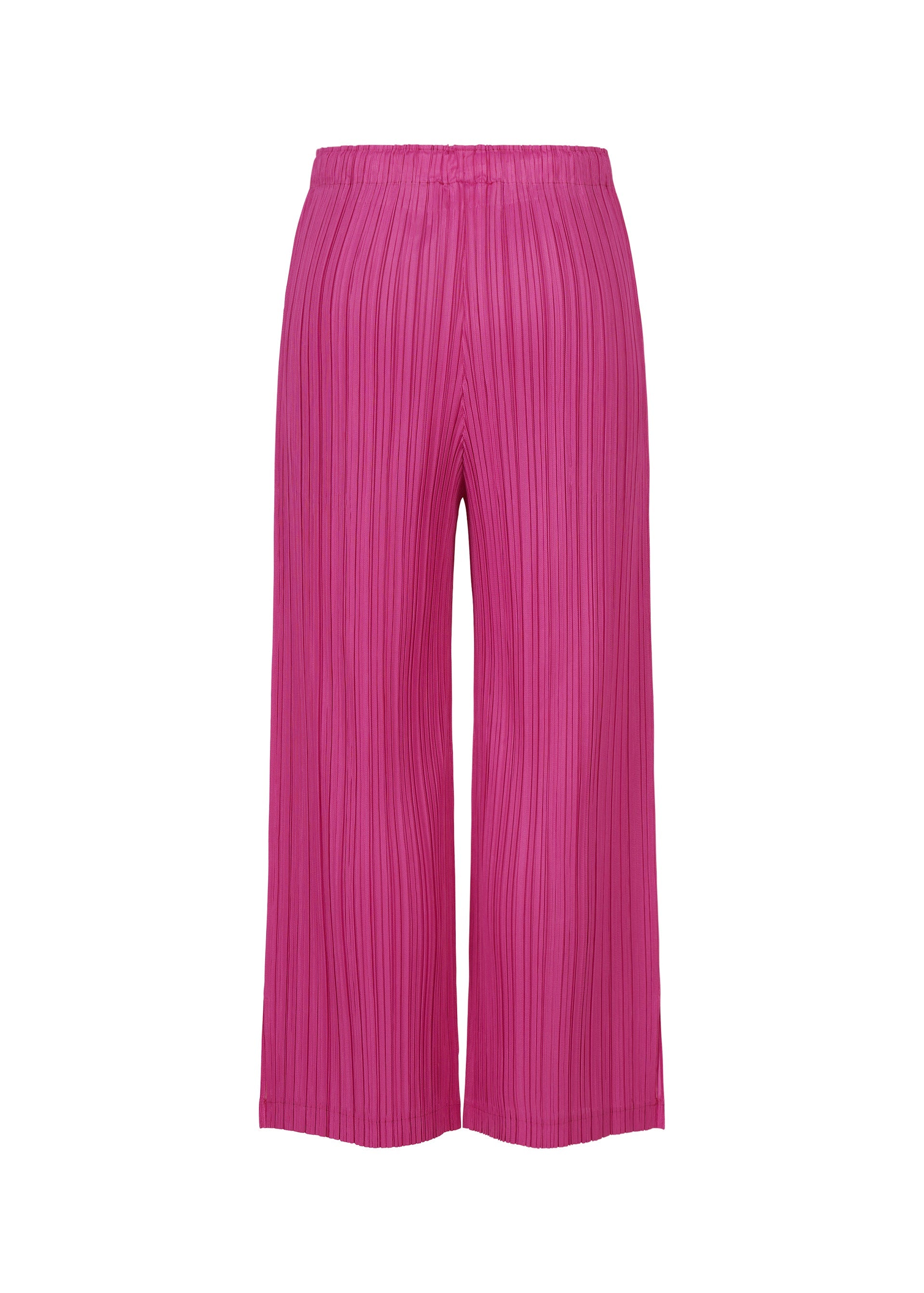 Zoomed view THICKER BOTTOMS 2 by PLEATS PLEASE ISSEY MIYAKE are bright pink, wide-leg pleated pants featuring an elastic waistband and convenient pockets. Crafted from thick fabric, they are showcased against a white background.