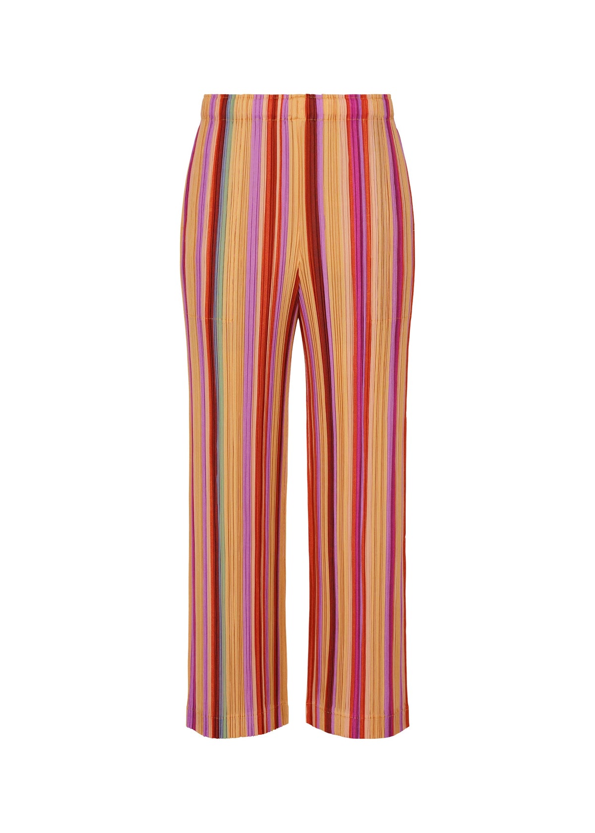 The TAPE TAPE pants by PLEATS PLEASE ISSEY MIYAKE are vibrant, high-waisted straight-leg pants with vertical stripes in orange, yellow, red, and pink tones. Made from thick pleated fabric, they feature a slightly cropped length and a streamlined silhouette. view 1 of 7