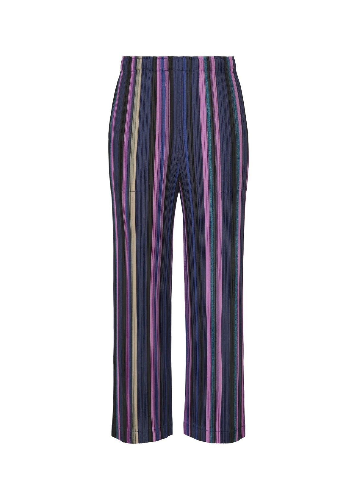 TAPE TAPE wide-leg pants by PLEATS PLEASE ISSEY MIYAKE feature a high waist and thick pleated fabric with vertical stripes in purple, pink, green, and black. The design is streamlined without any visible pockets or closures. view 2 of 7
