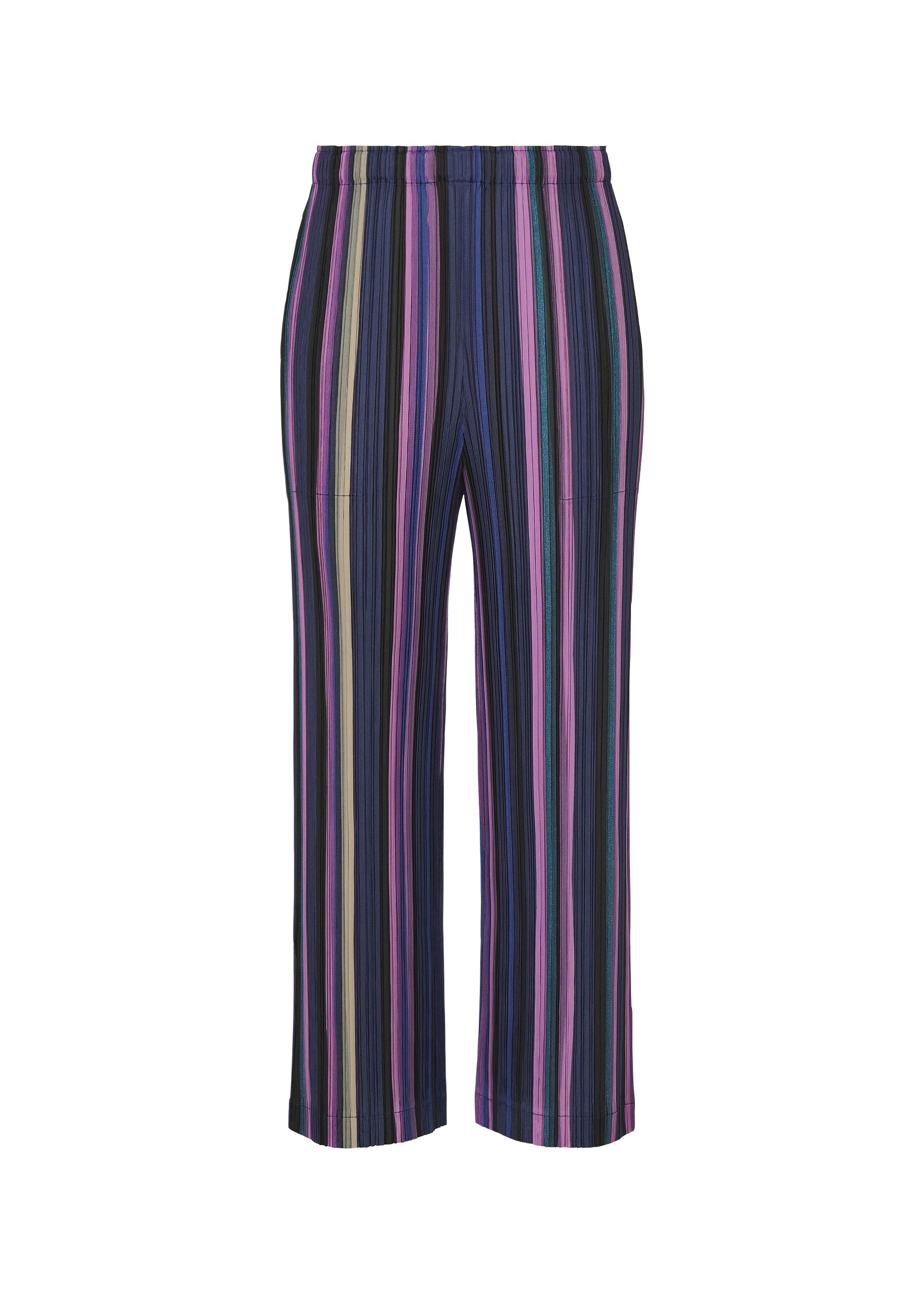 Zoomed view TAPE TAPE wide-leg pants by PLEATS PLEASE ISSEY MIYAKE feature a high waist and thick pleated fabric with vertical stripes in purple, pink, green, and black. The design is streamlined without any visible pockets or closures. - PURPLE （no.81）