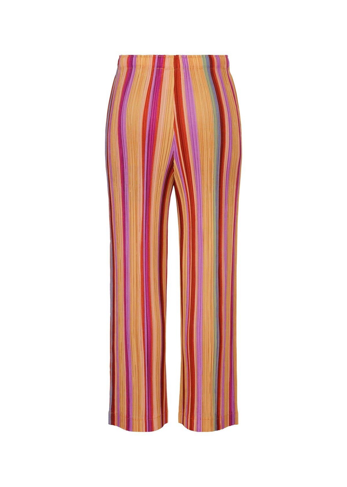 TAPE TAPE straight pants from PLEATS PLEASE ISSEY MIYAKE feature vibrant vertical stripes in orange, yellow, red, and pink hues on a white background. Made from thick pleated fabric, these high-waisted pants offer a flattering silhouette with their straight-leg cut. view 3 of 7