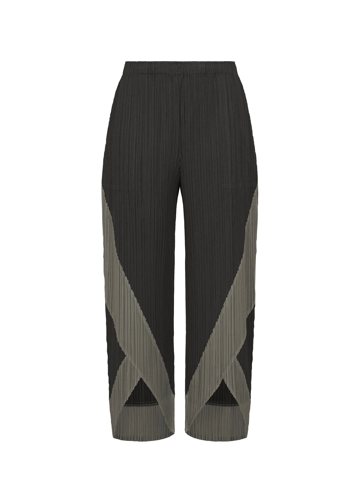 The TWIRL pants by PLEATS PLEASE ISSEY MIYAKE are black pleated wide-leg trousers, distinguished by taupe geometric color-block patterns on the lower front and a high elastic waistband. Inspired by norimaki sushi, these uniquely wrapped design pants also feature practical side pockets for added functionality. view 1 of 10