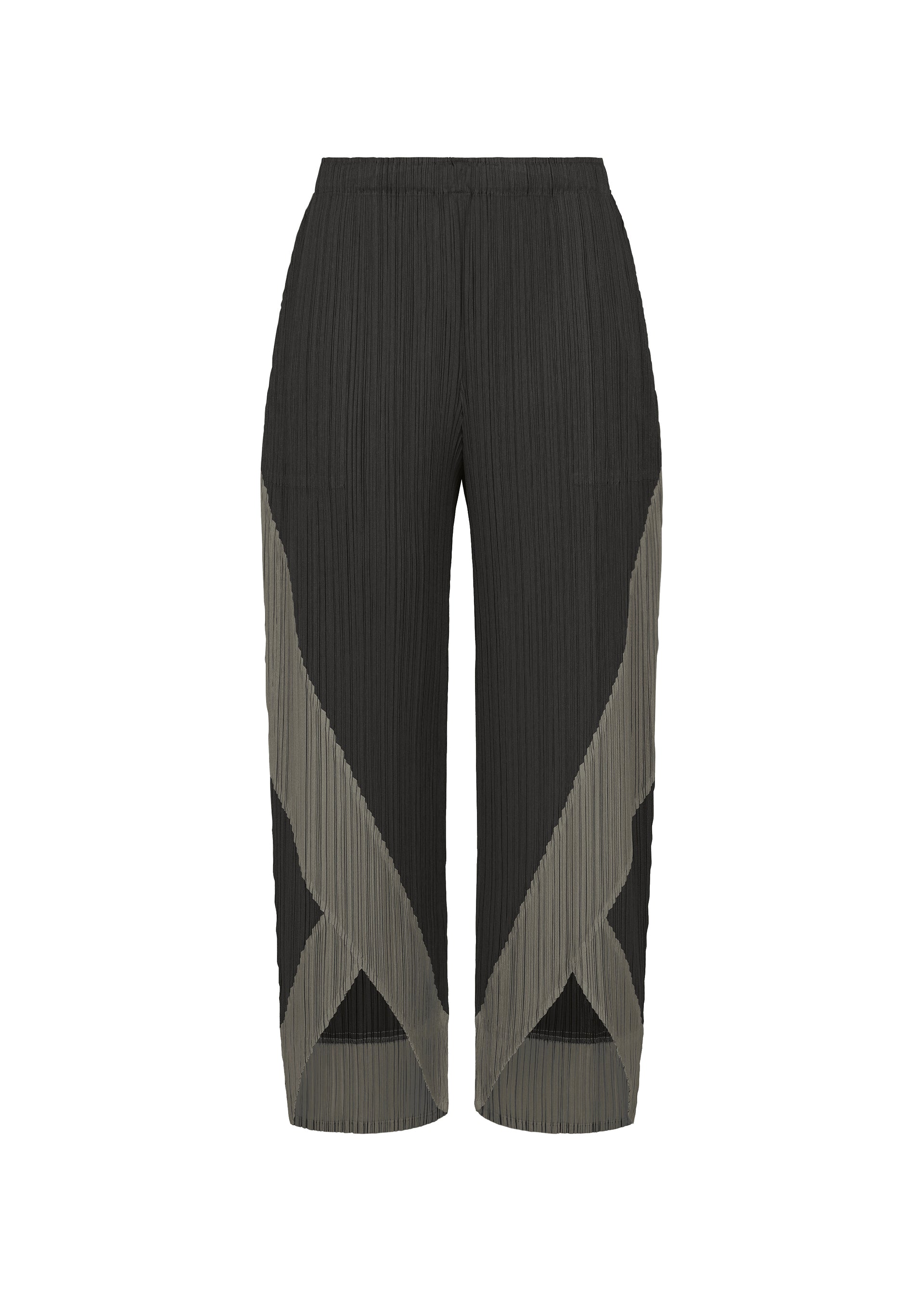 Zoomed view The TWIRL pants by PLEATS PLEASE ISSEY MIYAKE are black pleated wide-leg trousers, distinguished by taupe geometric color-block patterns on the lower front and a high elastic waistband. Inspired by norimaki sushi, these uniquely wrapped design pants also feature practical side pockets for added functionality. - BLACK （no.15）