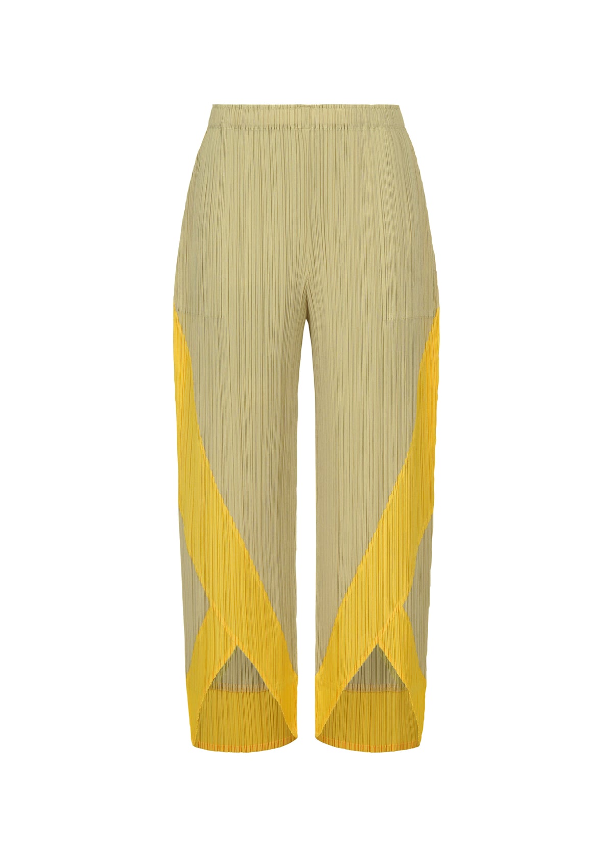 TWIRL by PLEATS PLEASE ISSEY MIYAKE are light olive green pleated wide-leg pants, accented with bold yellow diagonal and vertical panels along the outer sides and hems. The design is completed with practical side pockets for enhanced functionality. view 5 of 10