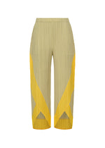 TWIRL by PLEATS PLEASE ISSEY MIYAKE are light olive green pleated wide-leg pants, accented with bold yellow diagonal and vertical panels along the outer sides and hems. The design is completed with practical side pockets for enhanced functionality. - YELLOW （no.52）