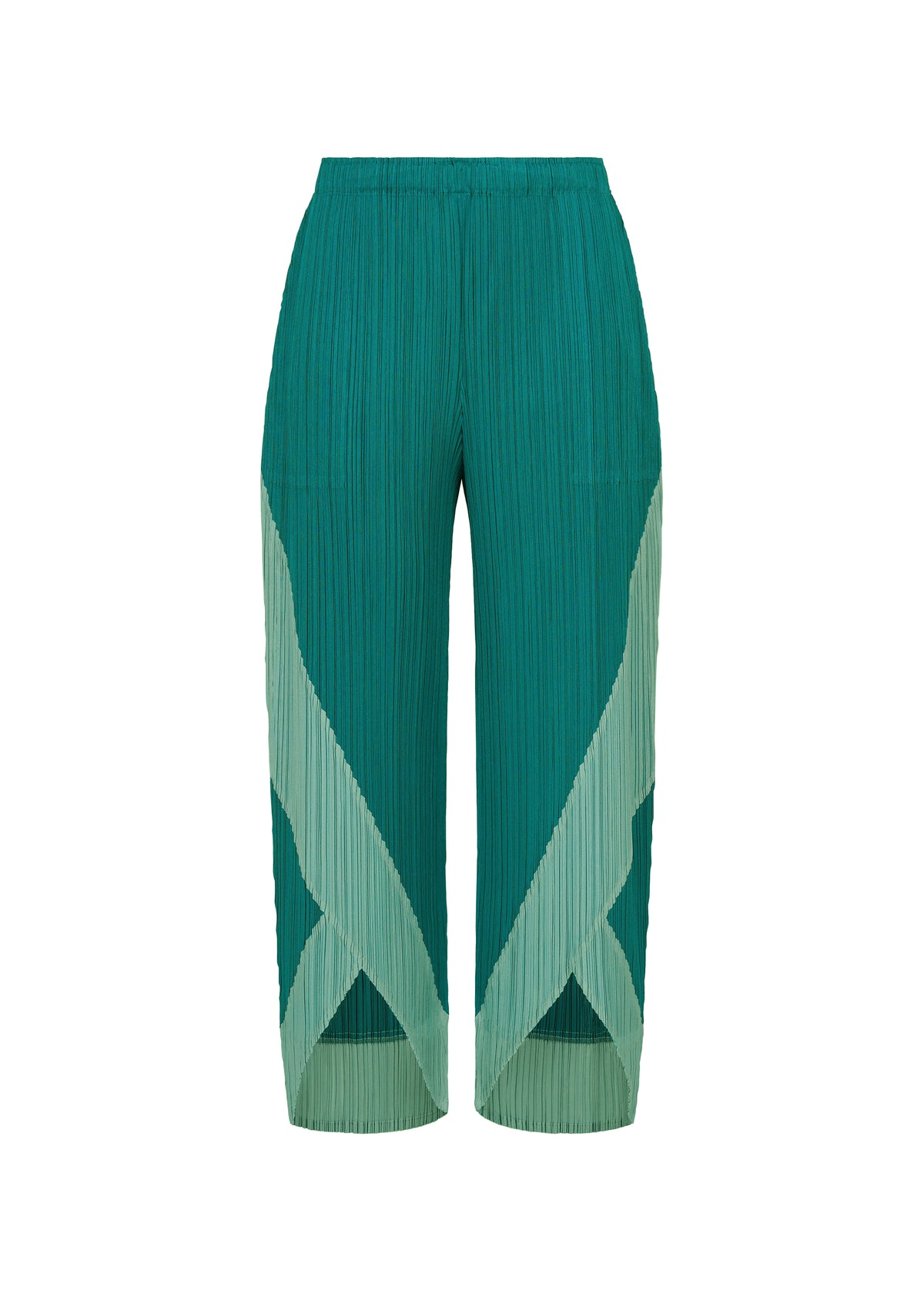 TWIRL wide-leg pleated pants by PLEATS PLEASE ISSEY MIYAKE, featuring a high waist, convenient side pockets, and light green geometric patterns on teal fabric inspired by norimaki sushi wrapping, displayed on a white background. view 2 of 10