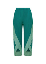 TWIRL wide-leg pleated pants by PLEATS PLEASE ISSEY MIYAKE, featuring a high waist, convenient side pockets, and light green geometric patterns on teal fabric inspired by norimaki sushi wrapping, displayed on a white background. - TURQUOISE GREEN （no.66）