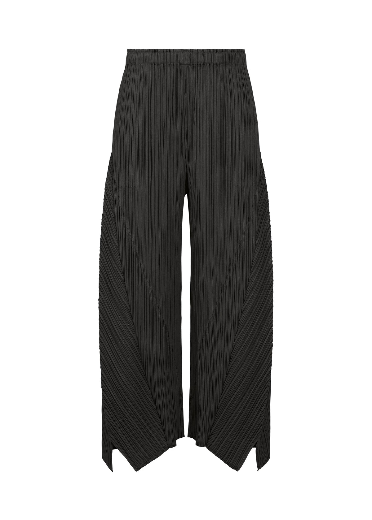 The FOLD pants by PLEATS PLEASE ISSEY MIYAKE feature a wide-leg silhouette with an elastic waistband, pockets, and angular cutouts at the hem. Crafted from fabric with vertical and diagonal pleats, they offer a textured, sculptural look that highlights their distinctive design. view 1 of 9