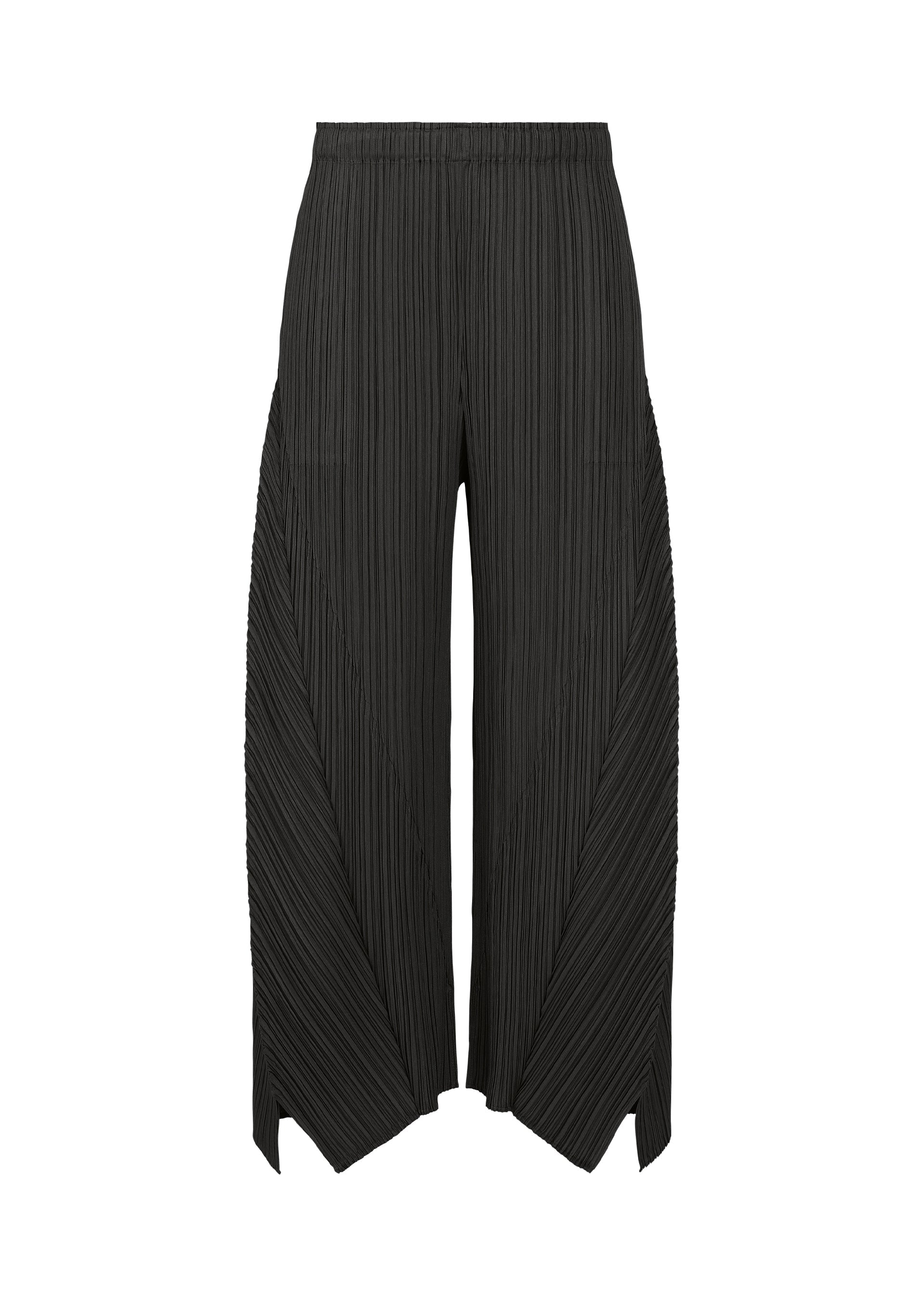 Zoomed view The FOLD pants by PLEATS PLEASE ISSEY MIYAKE feature a wide-leg silhouette with an elastic waistband, pockets, and angular cutouts at the hem. Crafted from fabric with vertical and diagonal pleats, they offer a textured, sculptural look that highlights their distinctive design. - BLACK （no.15）