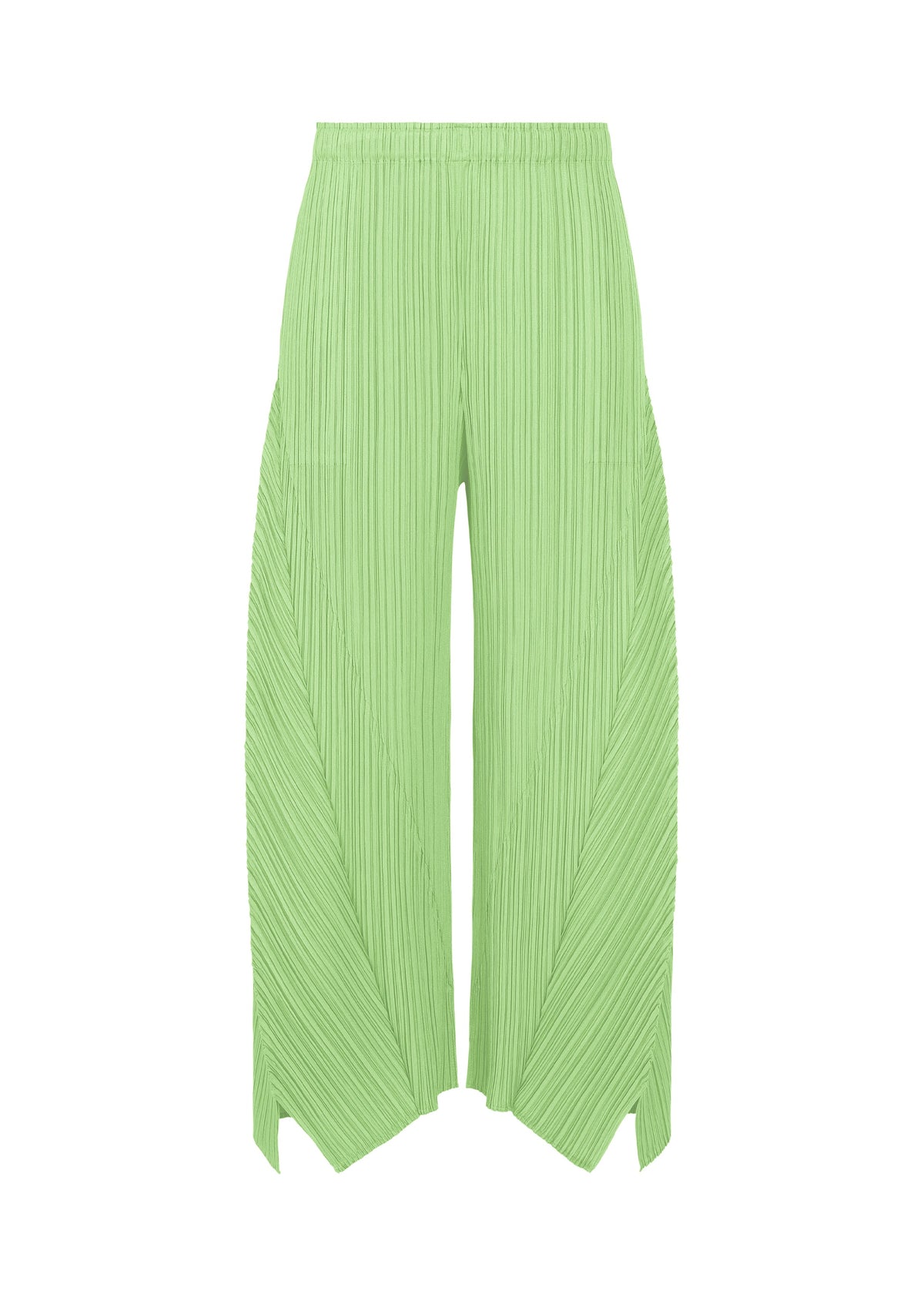 The FOLD pants by PLEATS PLEASE ISSEY MIYAKE showcase a light green wide-leg flared silhouette crafted from pleated fabric, featuring a high elastic waistband and distinctive panel detailing. Unique pointed, split hems lend a modern touch at the bottom, while discreet side pockets blend practicality with refined style. view 2 of 9