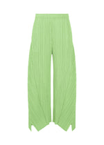 The FOLD pants by PLEATS PLEASE ISSEY MIYAKE showcase a light green wide-leg flared silhouette crafted from pleated fabric, featuring a high elastic waistband and distinctive panel detailing. Unique pointed, split hems lend a modern touch at the bottom, while discreet side pockets blend practicality with refined style. - MINT GREEN （no.63）