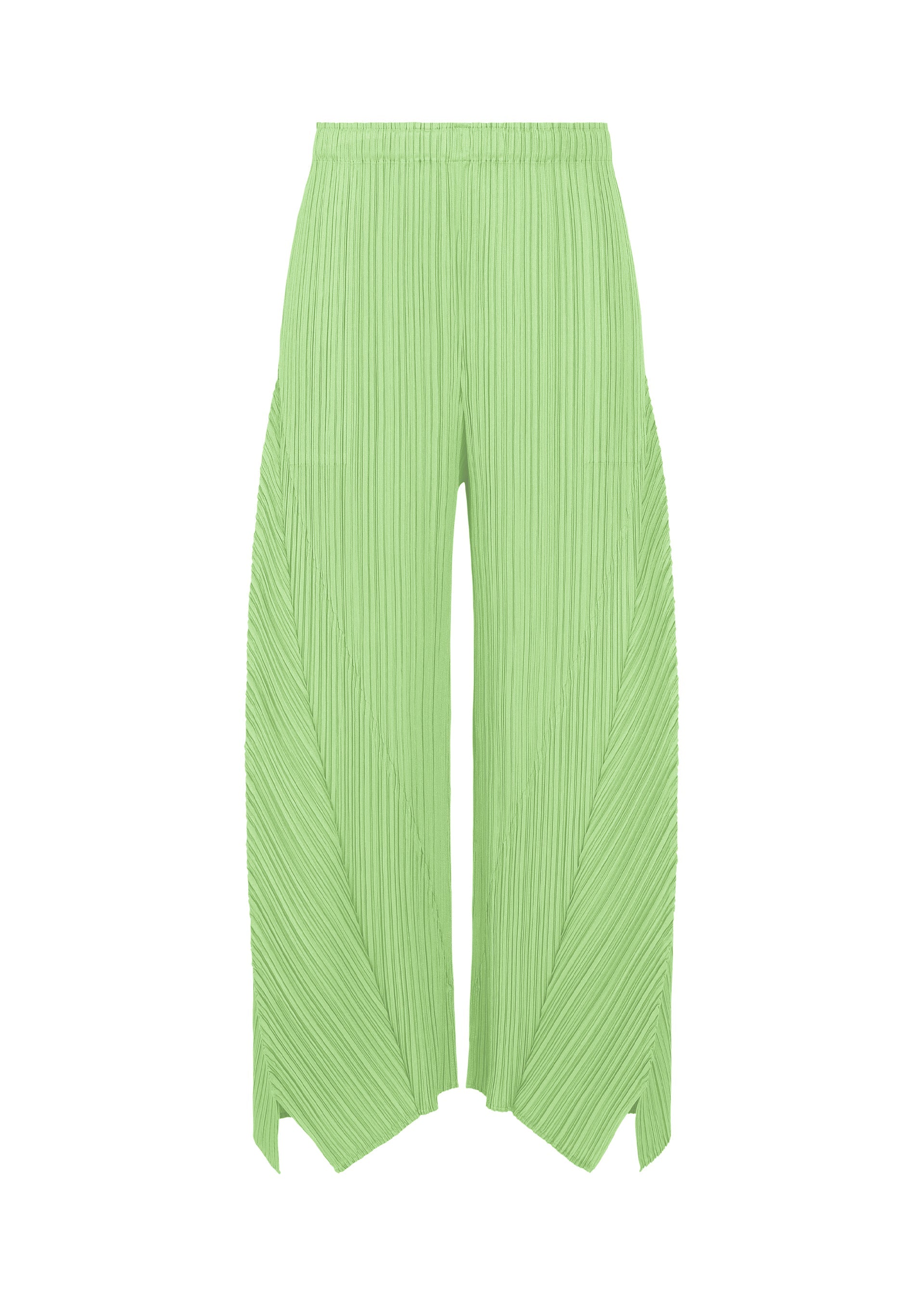 Zoomed view The FOLD pants by PLEATS PLEASE ISSEY MIYAKE showcase a light green wide-leg flared silhouette crafted from pleated fabric, featuring a high elastic waistband and distinctive panel detailing. Unique pointed, split hems lend a modern touch at the bottom, while discreet side pockets blend practicality with refined style. - MINT GREEN （no.63）