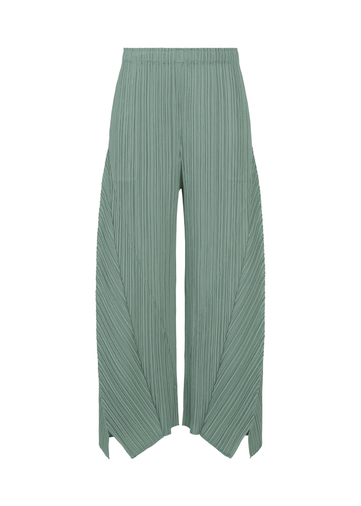Introducing the FOLD pants by PLEATS PLEASE ISSEY MIYAKE: light green, wide-leg trousers crafted with a vertical pleated pattern and an elastic waistband. The flared silhouette is distinguished by unique angular cutouts at the hem, lending a geometric, textured look that sets this design apart. view 3 of 9