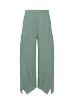 Introducing the FOLD pants by PLEATS PLEASE ISSEY MIYAKE: light green, wide-leg trousers crafted with a vertical pleated pattern and an elastic waistband. The flared silhouette is distinguished by unique angular cutouts at the hem, lending a geometric, textured look that sets this design apart. - BABY BLUE （no.71）