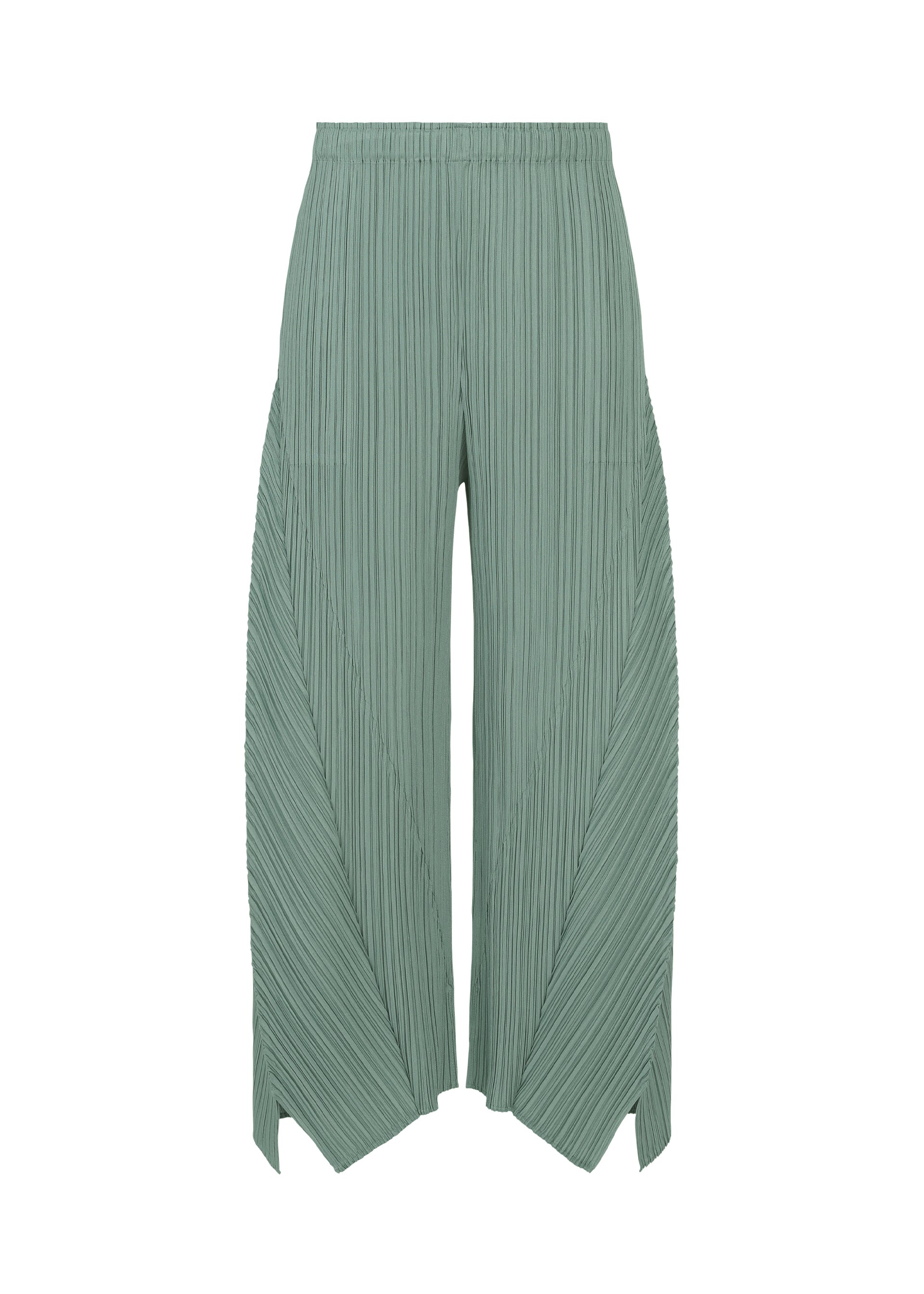 Zoomed view Introducing the FOLD pants by PLEATS PLEASE ISSEY MIYAKE: light green, wide-leg trousers crafted with a vertical pleated pattern and an elastic waistband. The flared silhouette is distinguished by unique angular cutouts at the hem, lending a geometric, textured look that sets this design apart. - BABY BLUE （no.71）