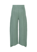 The FOLD pants by PLEATS PLEASE ISSEY MIYAKE are light green, ankle-length wide-leg trousers with an elastic waistband, crafted from uniquely textured fabric featuring a distinctive design and convenient pockets, shown against a white background.