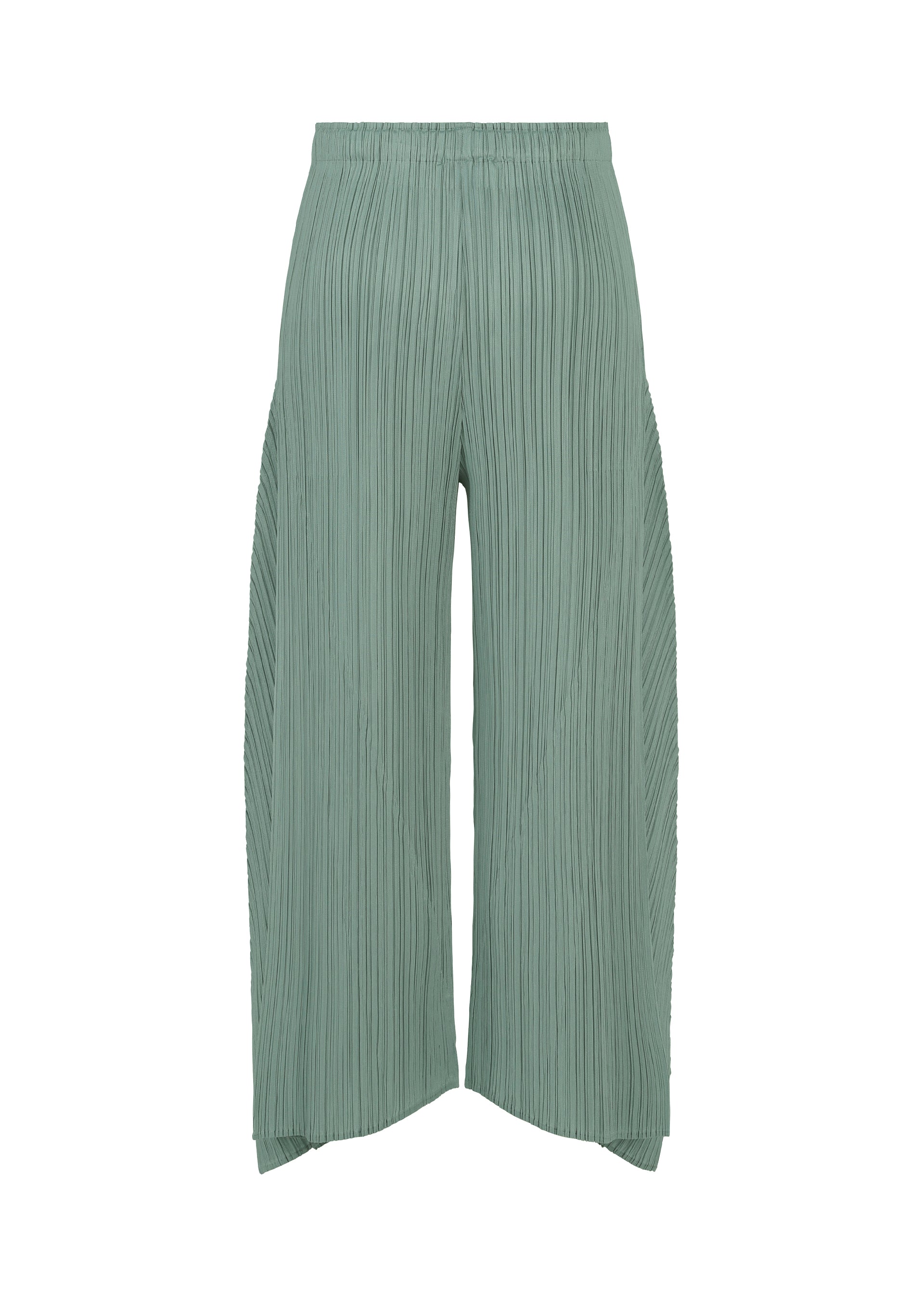 Zoomed view The FOLD pants by PLEATS PLEASE ISSEY MIYAKE are light green, ankle-length wide-leg trousers with an elastic waistband, crafted from uniquely textured fabric featuring a distinctive design and convenient pockets, shown against a white background.