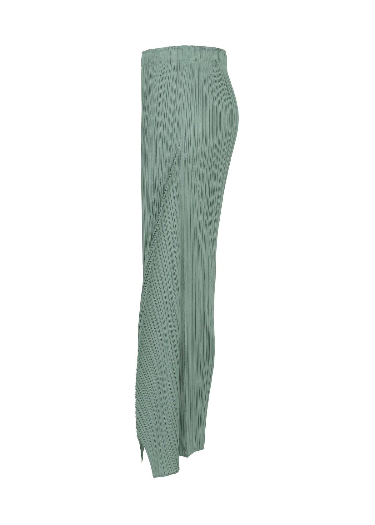 FOLD by PLEATS PLEASE ISSEY MIYAKE features a light green pleated skirt or flared pants shown from the side, crafted from lightweight, flowy fabric with vertical textured lines and a distinctive ankle slit for a unique design. view 5 of 9