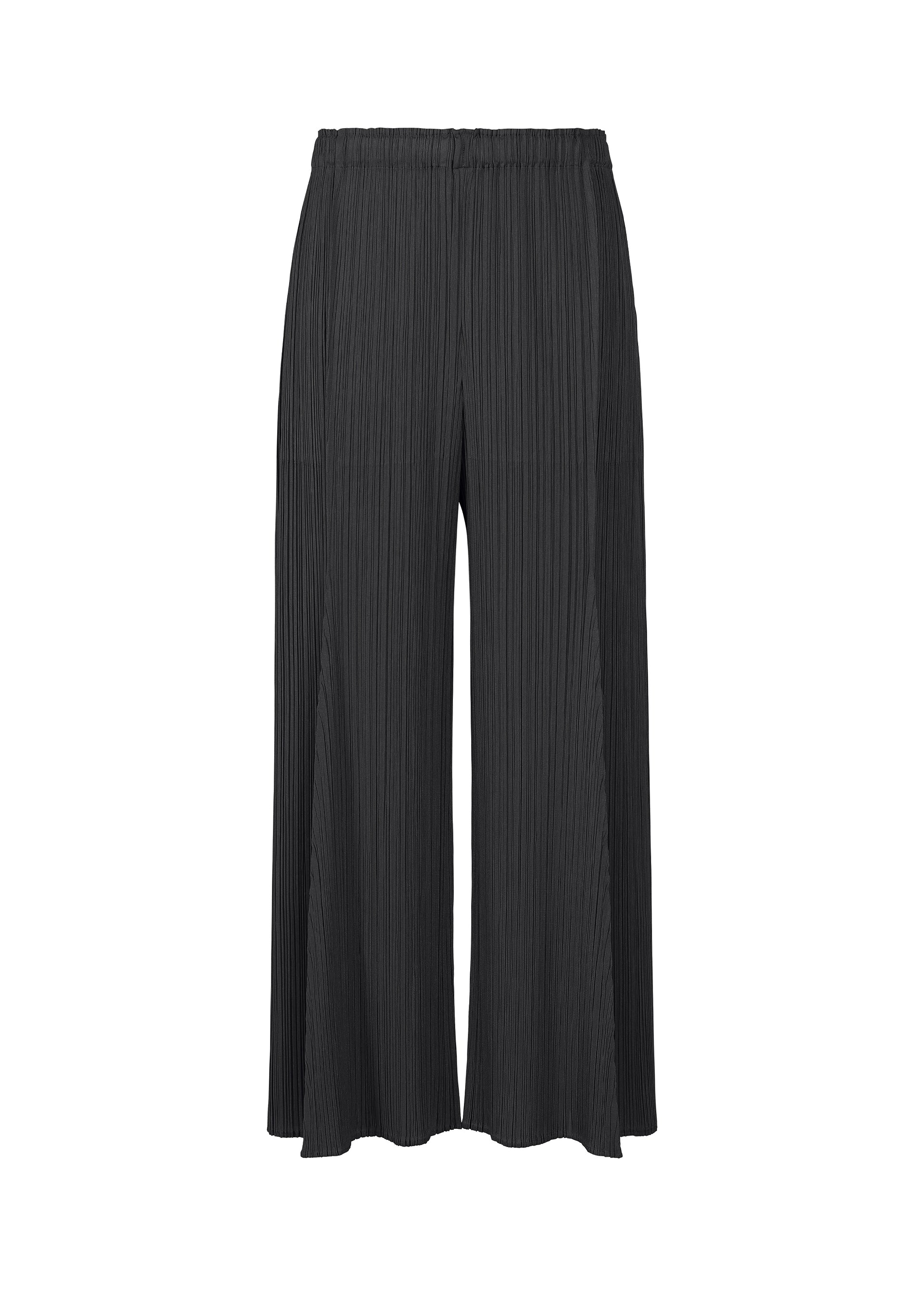Zoomed view The BOUQUET wide-leg pants from PLEATS PLEASE ISSEY MIYAKE feature lightweight black pleated fabric, an elastic waistband, and practical pockets. Vertical textured pleats run throughout, shown here against a white background. - BLACK （no.15）