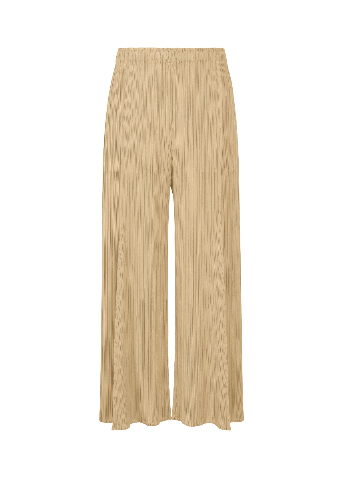 The BOUQUET wide-leg pleated pants by PLEATS PLEASE ISSEY MIYAKE feature an elastic waistband and convenient pockets, shown in beige against a white background. view 1 of 8