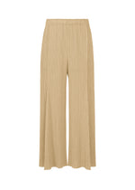 The BOUQUET wide-leg pleated pants by PLEATS PLEASE ISSEY MIYAKE feature an elastic waistband and convenient pockets, shown in beige against a white background. - SAND BEIGE （no.42）