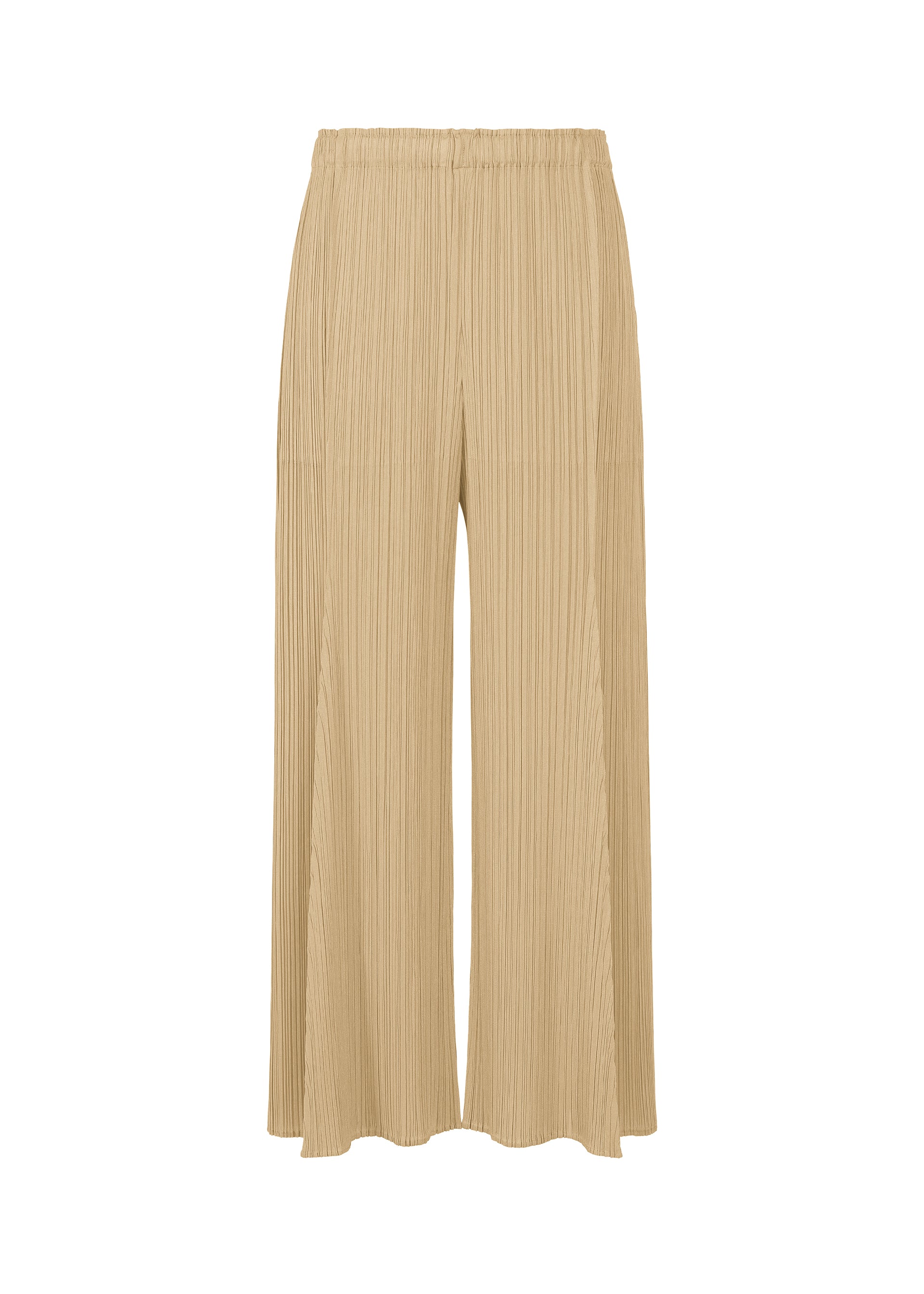 Zoomed view The BOUQUET wide-leg pleated pants by PLEATS PLEASE ISSEY MIYAKE feature an elastic waistband and convenient pockets, shown in beige against a white background. - SAND BEIGE （no.42）