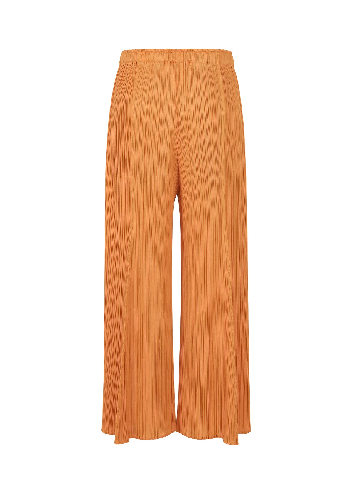 The BOUQUET pants by PLEATS PLEASE ISSEY MIYAKE are wide-leg, ankle-length, and bright orange with a pleated texture, side pockets, and an elastic waistband, shown against a plain white background. view 3 of 8