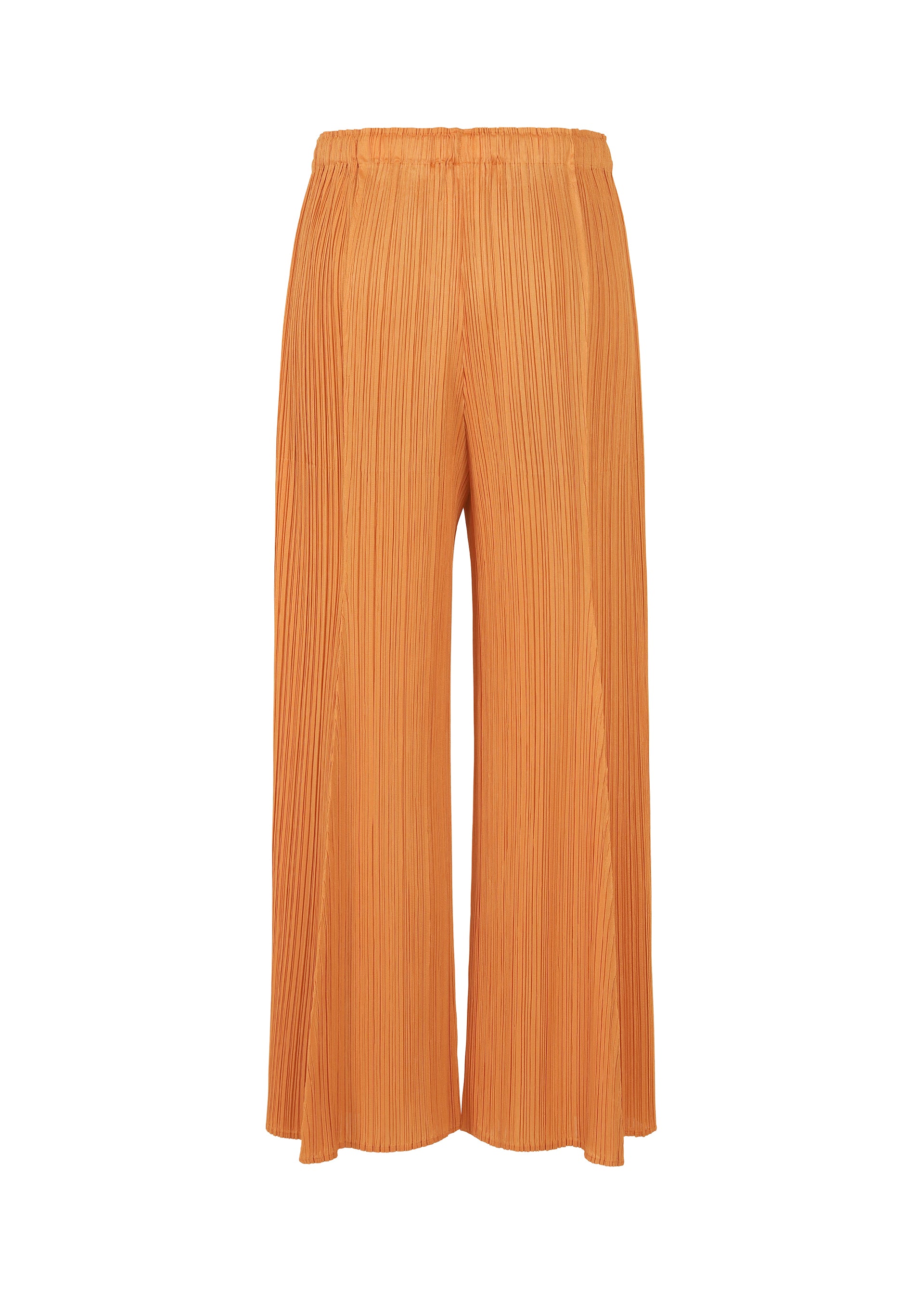 Zoomed view The BOUQUET pants by PLEATS PLEASE ISSEY MIYAKE are wide-leg, ankle-length, and bright orange with a pleated texture, side pockets, and an elastic waistband, shown against a plain white background.