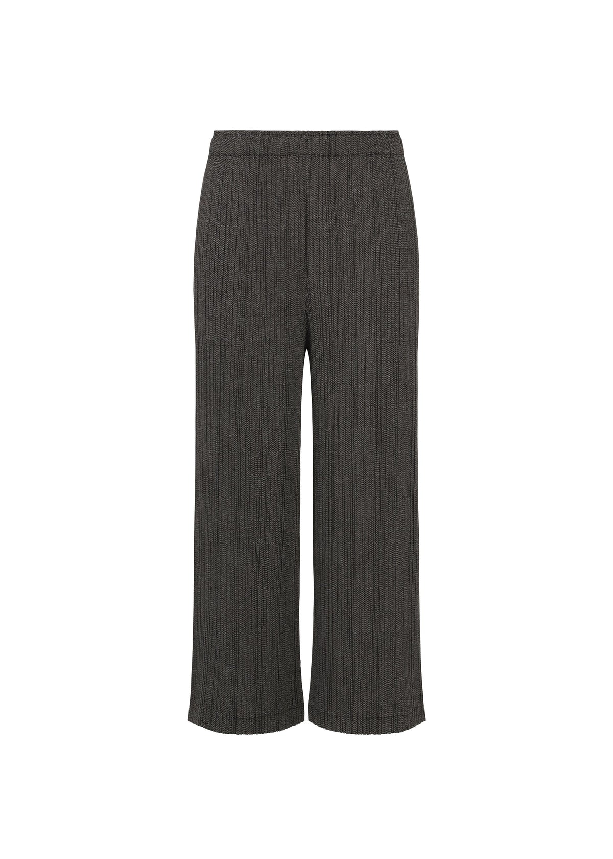 The PLEATS PLEASE ISSEY MIYAKE COTTON DENIM BLACK pants are wide-legged, high-waisted women’s straight pants in dark gray with subtle vertical pinstripes and a denim-inspired look, shown on a white background. view 1 of 6