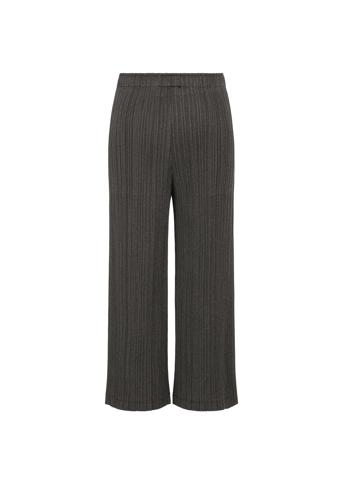 COTTON DENIM BLACK by PLEATS PLEASE ISSEY MIYAKE: Black ribbed knit straight pants with a wide-leg cut and elastic waistband, offering a subtle denim-like appearance on a plain white background. view 2 of 6