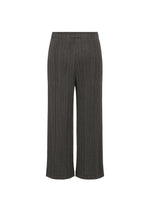COTTON DENIM BLACK by PLEATS PLEASE ISSEY MIYAKE: Black ribbed knit straight pants with a wide-leg cut and elastic waistband, offering a subtle denim-like appearance on a plain white background.