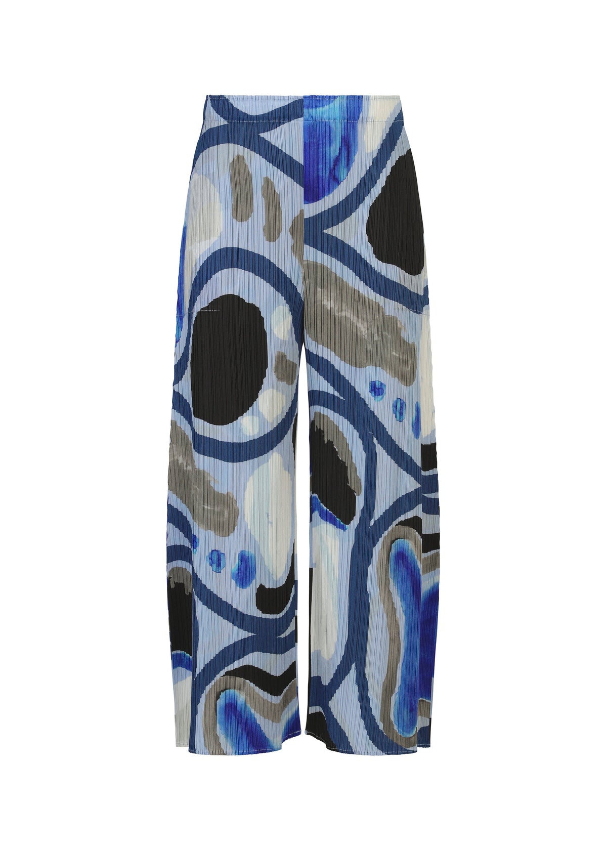 The ROLL wide-leg pants by PLEATS PLEASE ISSEY MIYAKE feature an abstract blue, black, gray, and white print with organic shapes, a high-waist design, and a relaxed fit for a bold, statement look. view 1 of 7