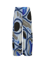 The ROLL wide-leg pants by PLEATS PLEASE ISSEY MIYAKE feature an abstract blue, black, gray, and white print with organic shapes, a high-waist design, and a relaxed fit for a bold, statement look. - LIGHT BLUE （no.70）