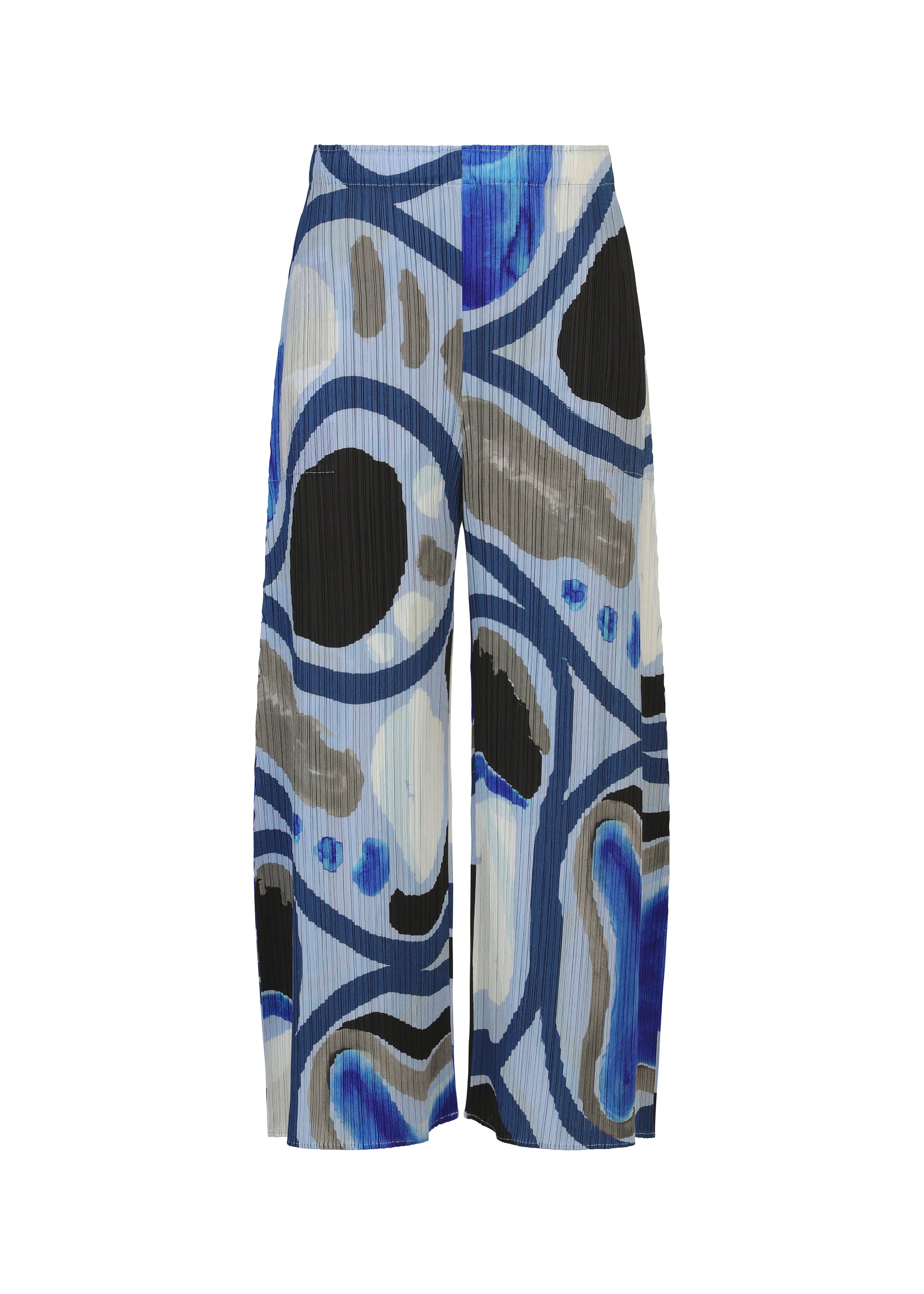 Zoomed view The ROLL wide-leg pants by PLEATS PLEASE ISSEY MIYAKE feature an abstract blue, black, gray, and white print with organic shapes, a high-waist design, and a relaxed fit for a bold, statement look. - LIGHT BLUE （no.70）